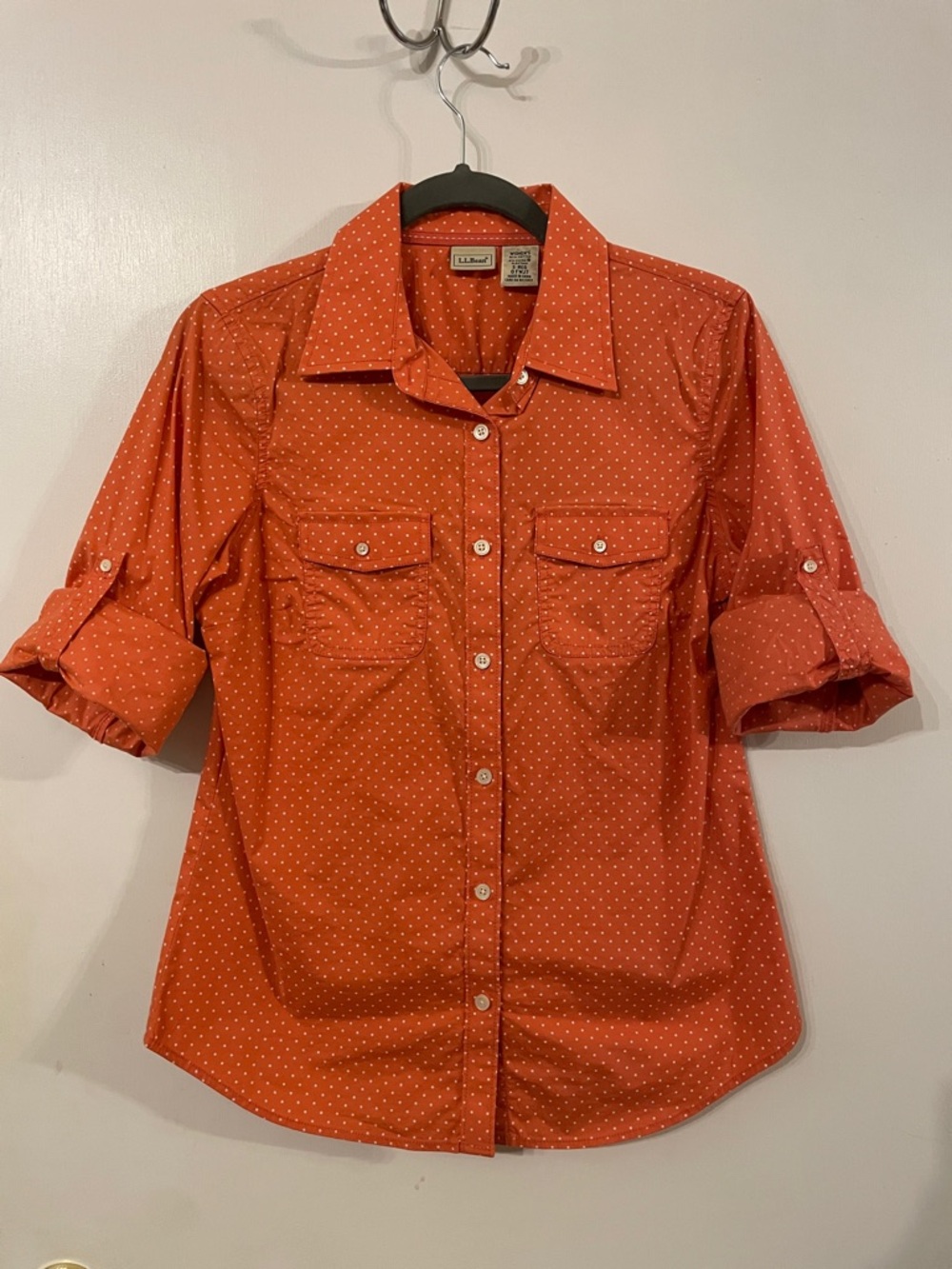 L.L. Bean Orange Dot Roll-Tab Button Shirt